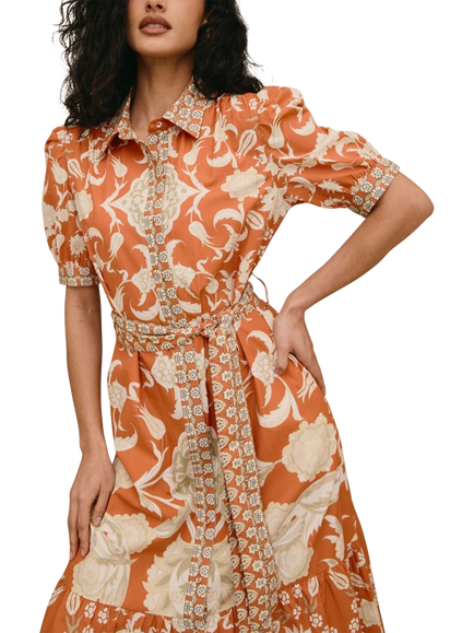 Raishma Linda Floral Print Short Sleeve Cotton Midi Dress, Orange - view 2, Orange