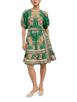 Raishma Petula Floral Print Short Sleeve Cotton Mini Dress, Green, Green