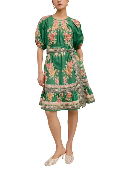 Raishma Petula Floral Print Short Sleeve Cotton Mini Dress, Green, Green