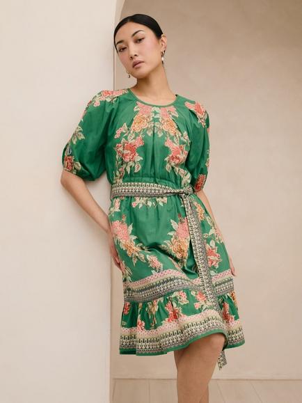 Raishma Petula Floral Print Short Sleeve Cotton Mini Dress, Green - view 2, Green