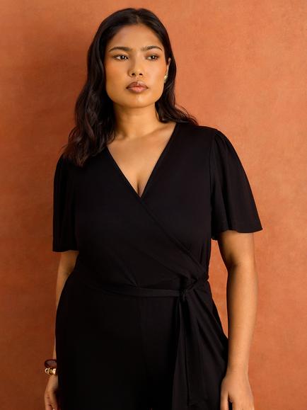 Live Unlimited Curve V Neck Wrap Flutter Sleeve Jersey Jumpsuit, Black - view 2, Black
