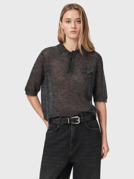 AllSaints Anabel Mohair Wool Blend Polo Top, Graphite Grey, Graphite Grey