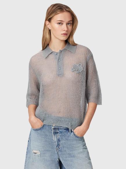 AllSaints Anabel Mohair Wool Blend Polo Top, Steel Blue, Steel Blue