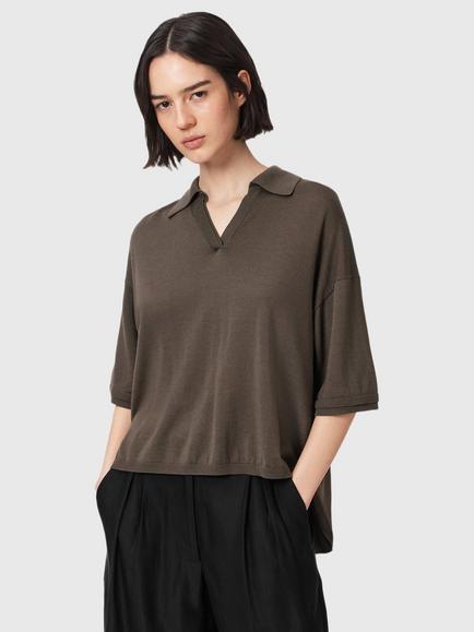 AllSaints Bern Wool Polo Shirt, Sage Green, Sage Green