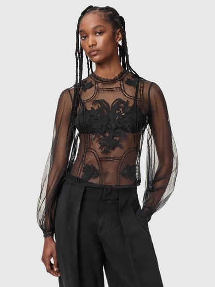 AllSaints Cesca Sheer Lace Top, Black, Black