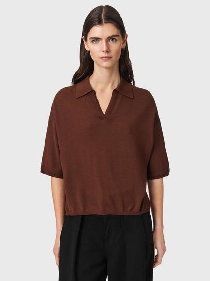 AllSaints Bern Wool Polo Shirt, Hot Chocolate Brown, Hot Chocolate Brown