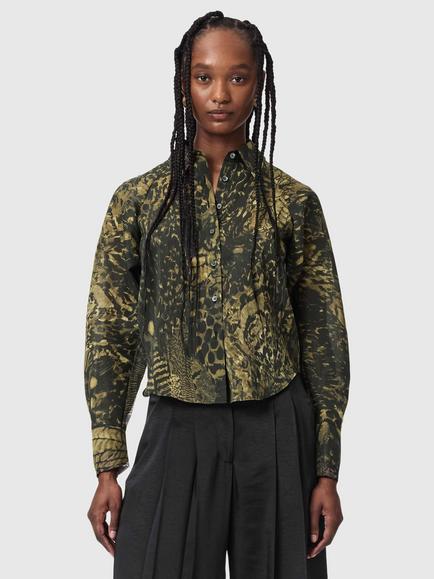 AllSaints Cory Animal Print Shirt containing TENCEL™ Lyocell, Blixa Khaki Green, Blixa Khaki Green