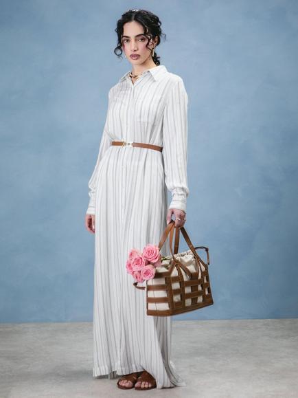 Aab Stripe Long Cotton Shirt Dress, White, White