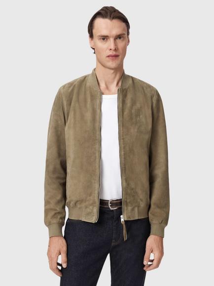 AllSaints Morten Suede Bomber Jacket, Olive Green, Olive Green
