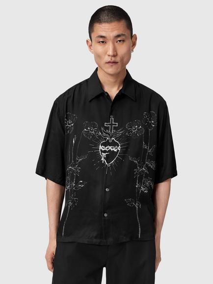 AllSaints Fleur Short Sleeve Shirt, containing LENZING™ ECOVERO™ Viscose, Black, Black