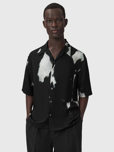 AllSaints Templar Abstract Animal Print Short Sleeve Shirt, containing LENZING™ ECOVERO™ Viscose, Black, Black