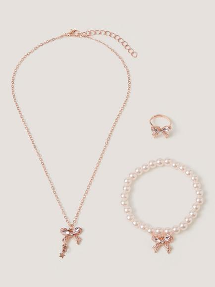 Monsoon Kids' Bow Pearl Jewellery Set, Rose Gold - view 2, Rose Gold