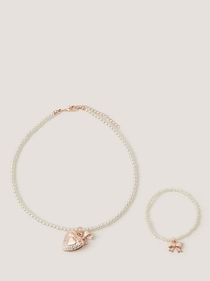 Monsoon Kids' Pearl Locket and Bracelet Set, Rose Gold, Rose Gold