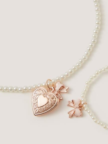Monsoon Kids' Pearl Locket and Bracelet Set, Rose Gold - view 2, Rose Gold