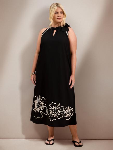 Live Unlimited Curve Contrast Embroidery Dress, Black, Black