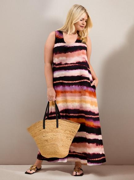 Live Unlimited Curve Abstract Multi Stripe Scoop Neck Maxi Dress, Multi, Multi
