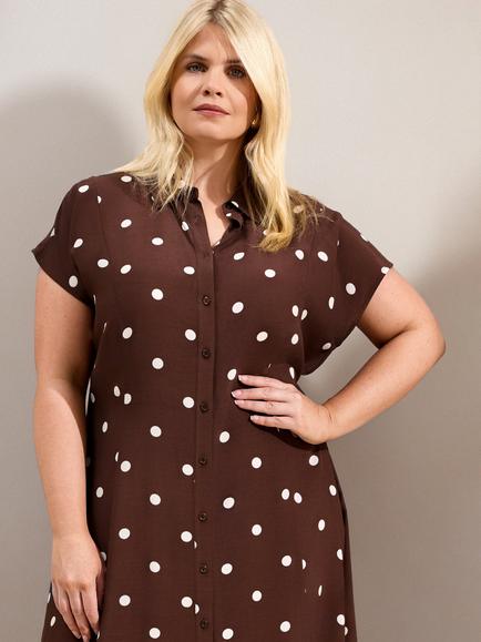 Live Unlimited Curve Polka Dot Print Midaxi Shirt Dress, Brown - view 2, Brown