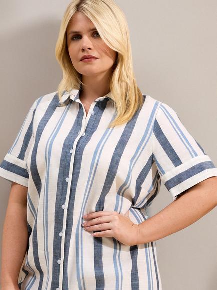 Live Unlimited Curve Stripe Short Sleeve Shirt Dress, Blue - view 2, Blue