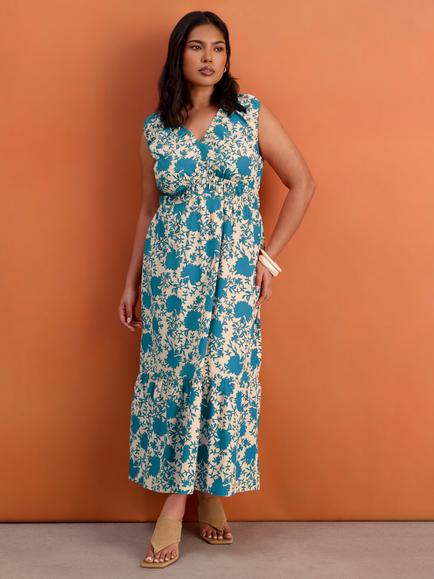 Live Unlimited Curve Petite Floral Print Cotton V Neck Ruched Dress, Blue, Blue