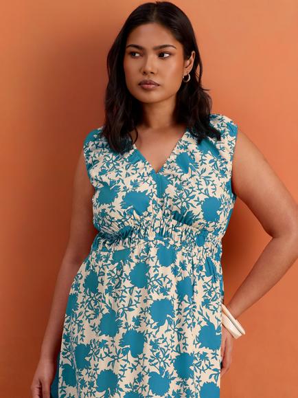 Live Unlimited Curve Petite Floral Print Cotton V Neck Ruched Dress, Blue - view 2, Blue