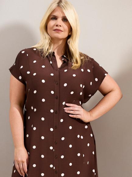 Live Unlimited Curve Petite Polka Dot Print Midaxi Shirt Dress, Brown - view 2, Brown