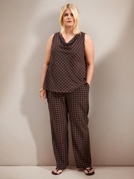 Live Unlimited Curve Check Cowl Neck Sleeveless Top, Brown, Brown