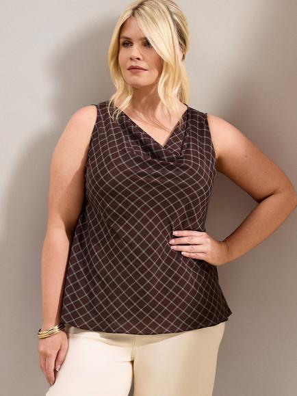 Live Unlimited Curve Check Cowl Neck Sleeveless Top, Brown - view 2, Brown