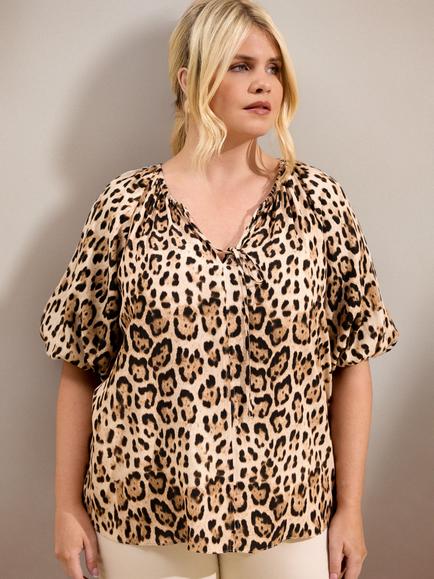Live Unlimited Curve Animal Puff Sleeve Top, Brown - view 2, Brown