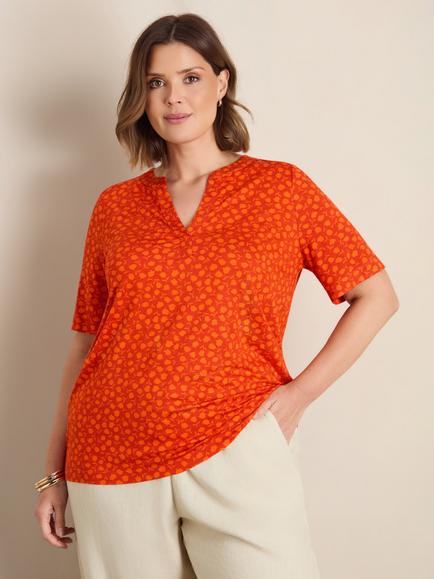 Live Unlimited Curve Floral Print Nehru Collar Short Sleeve Jersey Top, Orange, Orange