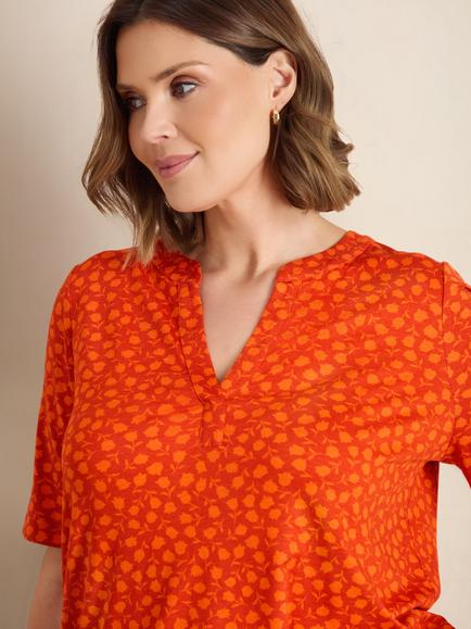 Live Unlimited Curve Floral Print Nehru Collar Short Sleeve Jersey Top, Orange - view 2, Orange