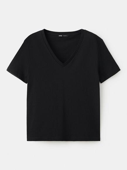 Mango V-Neck Cotton T-Shirt, Black, Black
