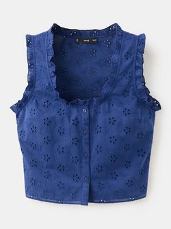 Mango Embroidered Eyelet Ruffle Crop Top, Ink