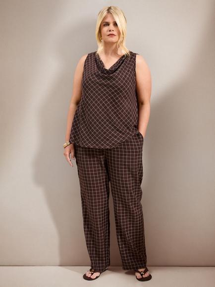 Live Unlimited Curve Check Straight Trousers, Brown - view 2, Brown