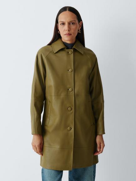 John Lewis Leather Leather Car Coat, Olive, Olive