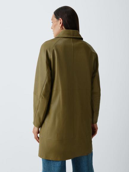 John Lewis Leather Leather Car Coat, Olive - view 2, Olive