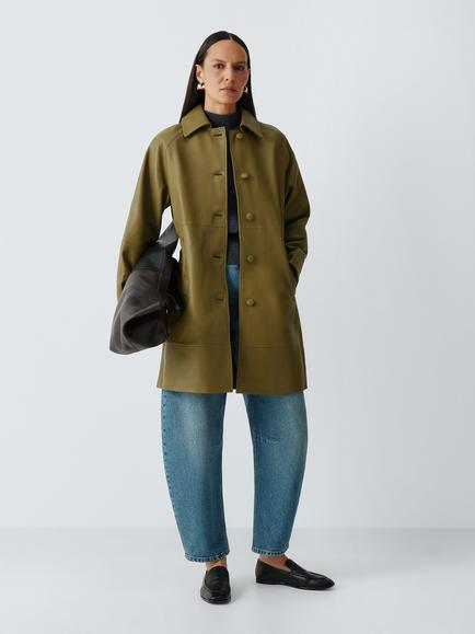 John Lewis Leather Car Coat, Olive, Olive