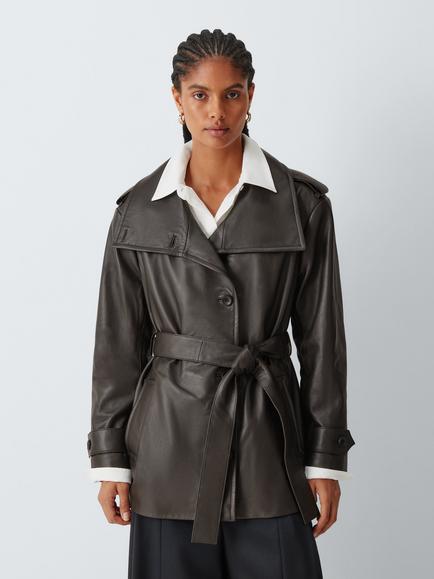 John Lewis Funnel Neck Leather Trench Coat, Chocolate, Chocolate