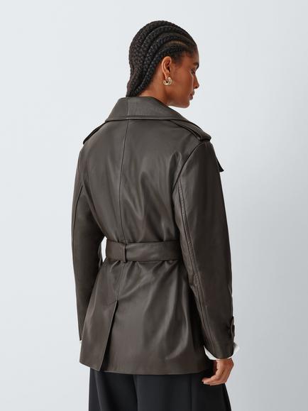 John Lewis Funnel Neck Leather Trench Coat, Chocolate - view 2, Chocolate