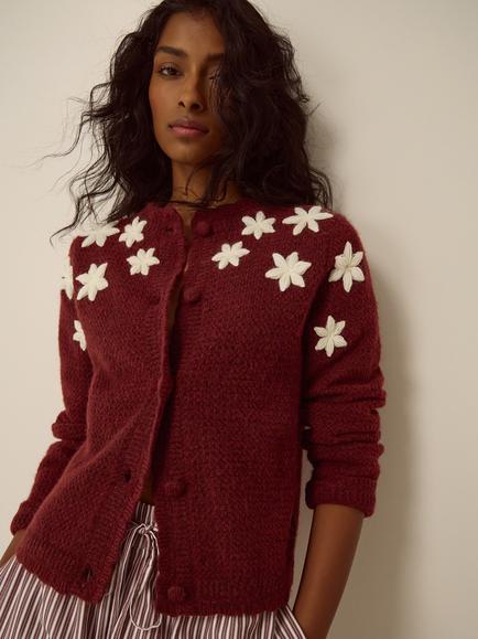 Monsoon Erin Embroidered Cardigan, Burgundy, Burgundy