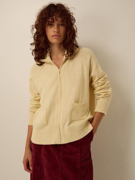 Monsoon  Zip Through Funnel Neck Cardigan, Butter Yellow, Butter Yellow