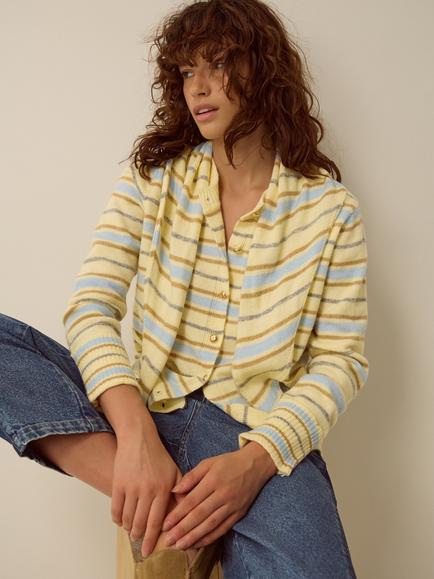 Monsoon Shola Stripe Tie Cardigan, Butter Yellow, Butter Yellow