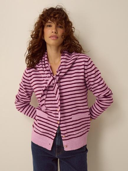 Monsoon Shola Stripe Tie Cardigan, Pink, Pink