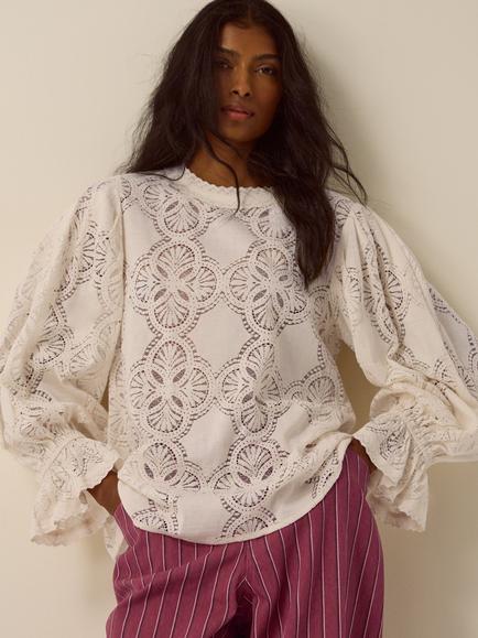 Monsoon Imogen Lace Blouson Sleeve Blouse, Ivory, Ivory