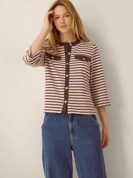 Monsoon Shania Striped Jersey Button Down Top, Blush, Blush