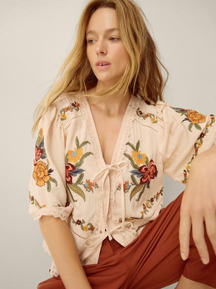 Monsoon Yvette Floral Embroidered Tie Top, Cream, Cream