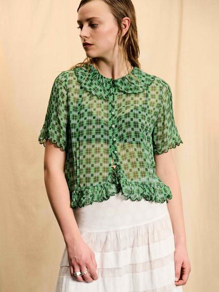 Brora Skye The Check Semi-Sheer Short Sleeve Shirt, Khaki/Pistachio, Khaki/Pistachio