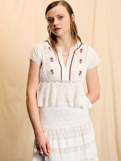Brora Skye The Cotton Embroidered Short Sleeve Top, White, White