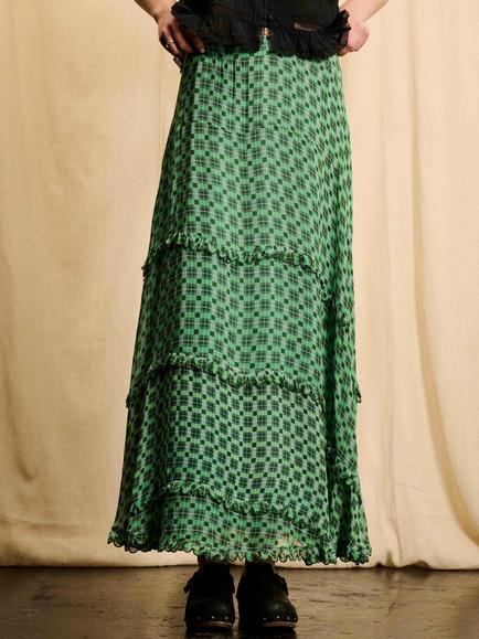 Brora Skye The Check Tiered Maxi Skirt, Khaki/Pistachio - view 2, Khaki/Pistachio