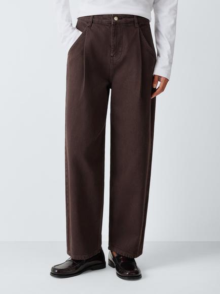 John Lewis Mid Rise Barrel Leg Pleat Jeans, Chocolate, Chocolate