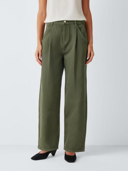 John Lewis Mid Rise Pleat Barrel Leg Jeans, Khaki, Khaki